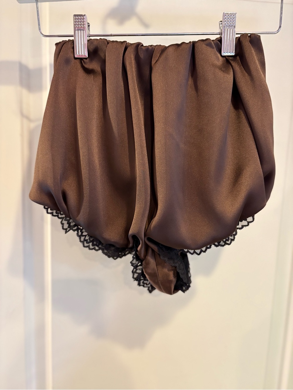 SER.O.YA Brown Satin Shorts with Black Lace Trim